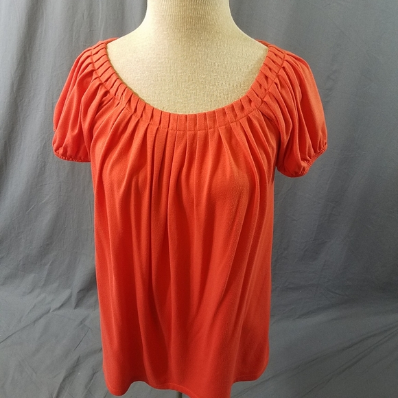 AGB red orange top short sleeve gathered front size large - Picture 1 of 11